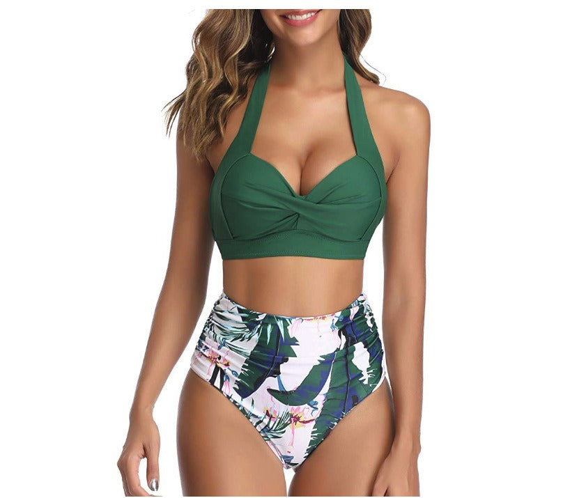 High Waisted Printed Neck Strap Swimsuit Women&