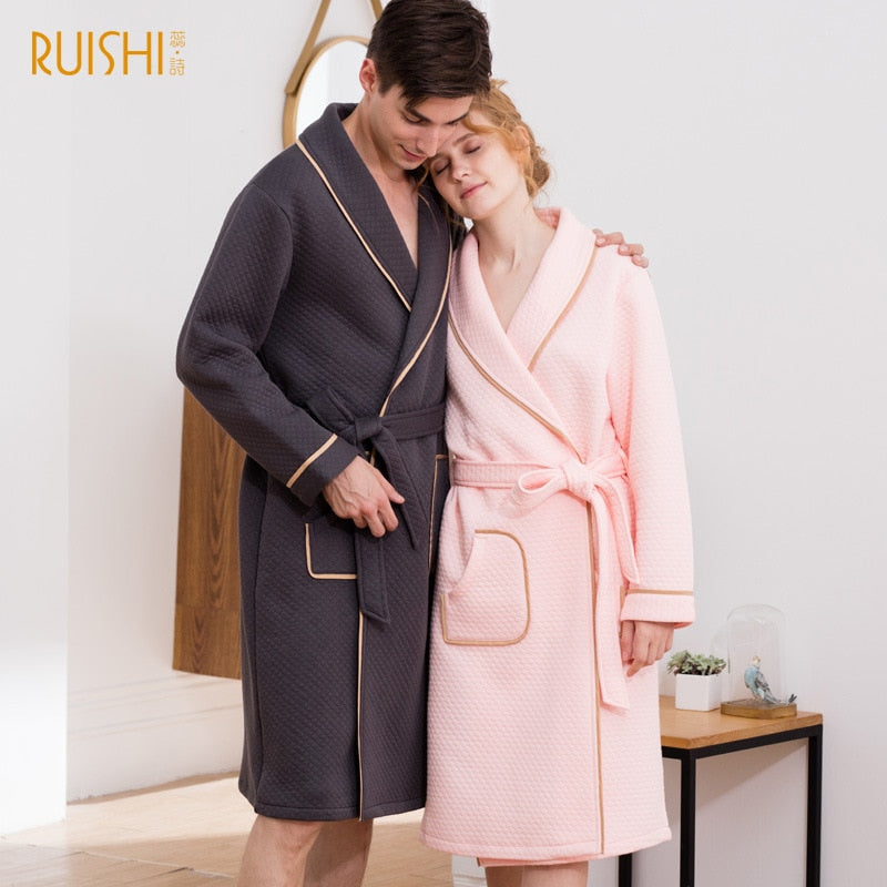 J&amp;Q mall robe warm air cotton sandwich couple pajamas long sleeve drop shipping men and women bathrobe pure cotton nightgown