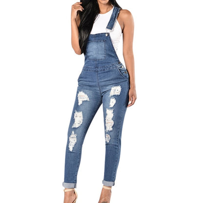 Women Overalls Cool Denim Jumpsuit Ripped Holes Casual Jeans Sleeveless Jumpsuits