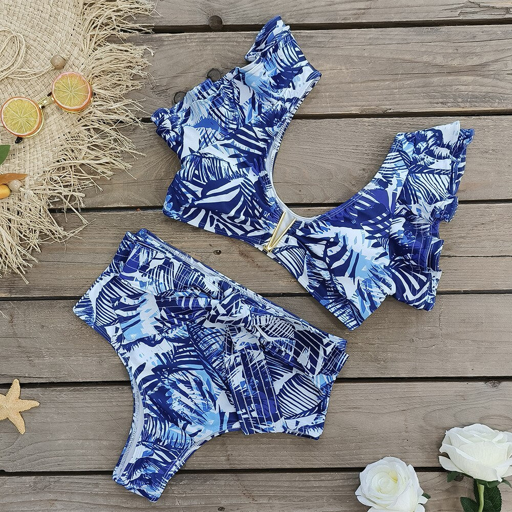 3 Piece Ruffled Bikinis Set Women Vintage Print Swimwear Bikini Swimsuit Sexy Summer Beach Skirt Bath Suit Dress