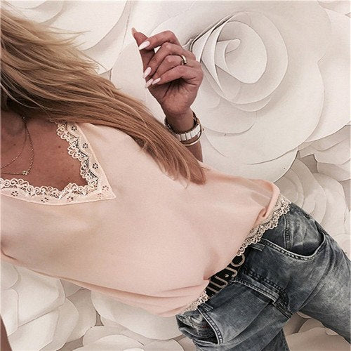 Women Blouse Tops Summer Top Casual Loose Short Sleeve Solid Lace V-neck Chiffon Blouses