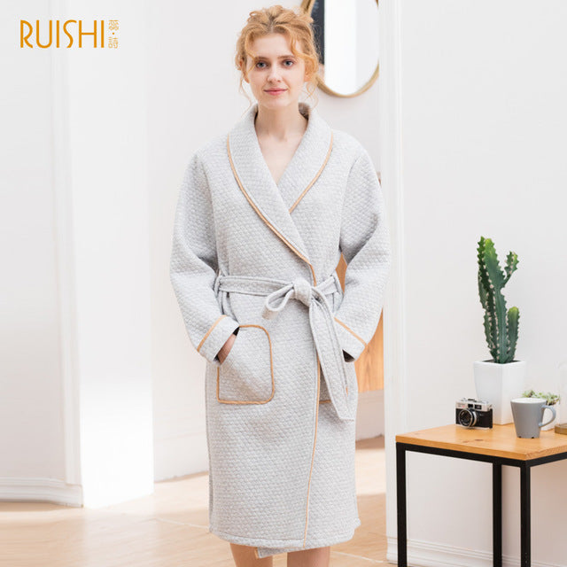 J&amp;Q mall robe warm air cotton sandwich couple pajamas long sleeve drop shipping men and women bathrobe pure cotton nightgown