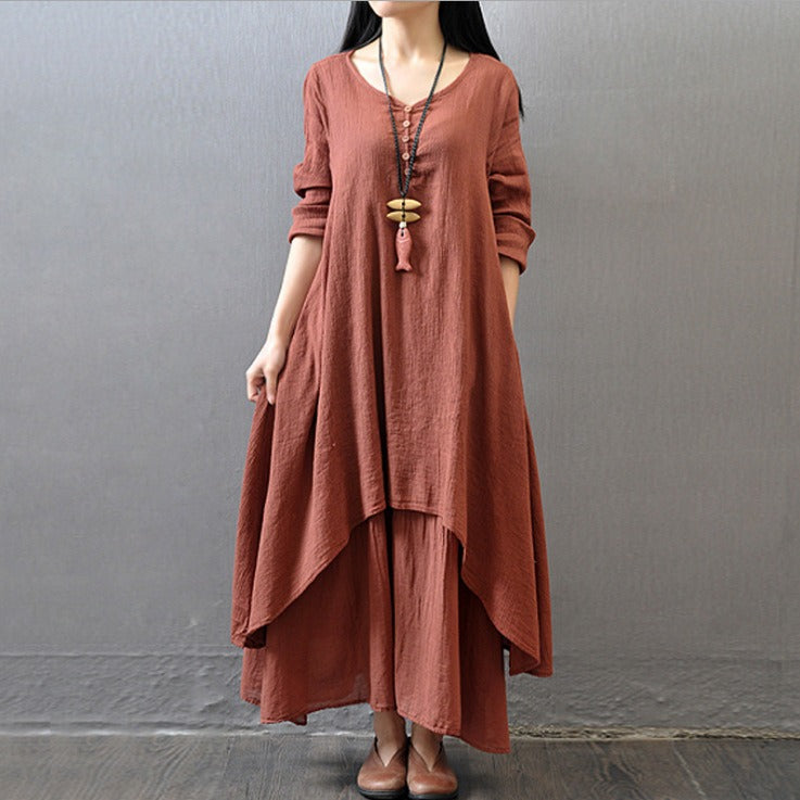 Fake two-piece long skirt large hem linen dress loose long sleeved cotton linen skirt