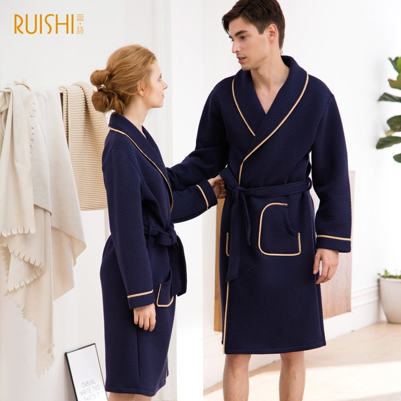 J&amp;Q mall robe warm air cotton sandwich couple pajamas long sleeve drop shipping men and women bathrobe pure cotton nightgown