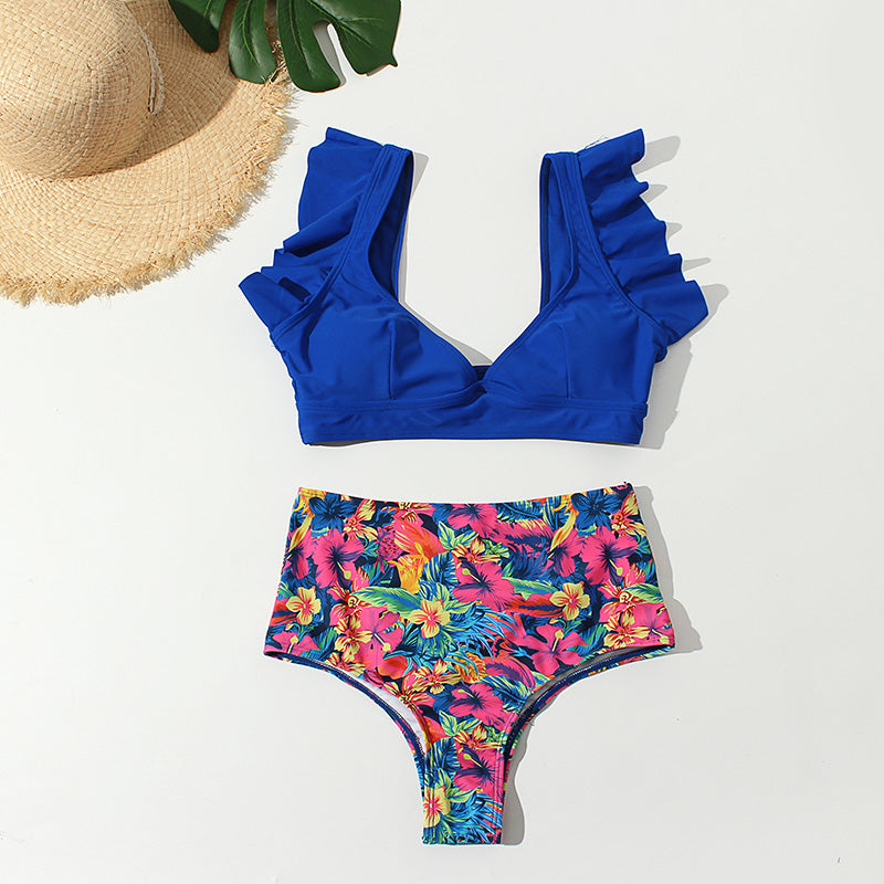 Floral Ruffled Hem Bikini Set Women Flora V-neck High-waisted Two Piece Swimsuit 2018 Girl Beach Bathing Suit Swimwear Biquinis