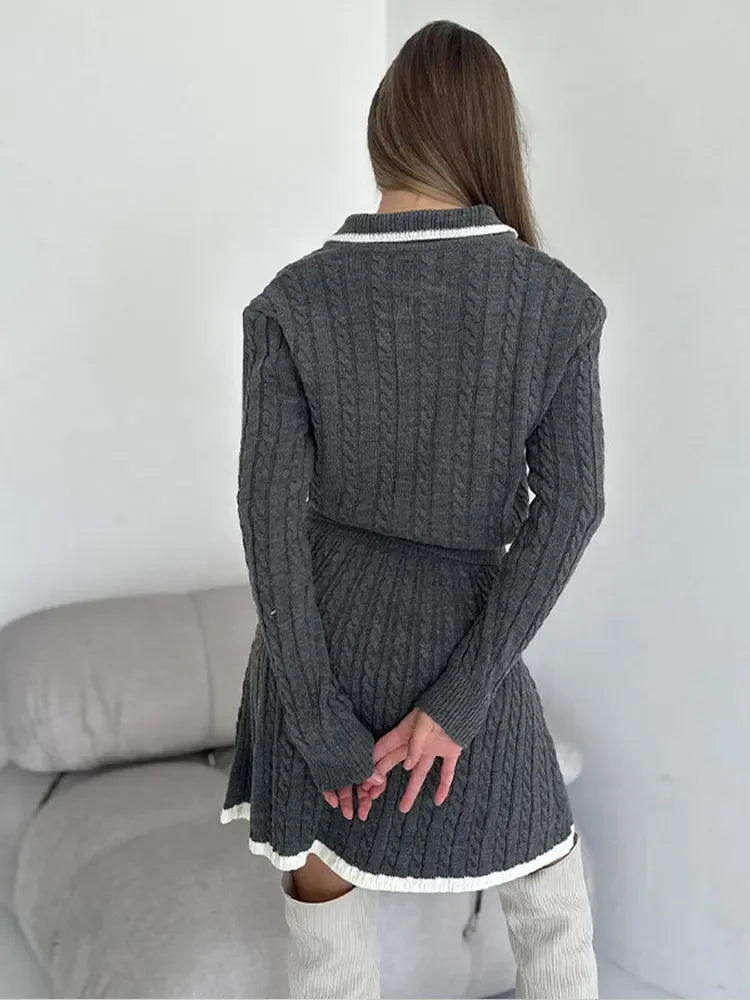 Long Sleeved Knitted Sweater Mini Skirt Two-piece Set Women Lapel Button Top Contrast Color Pleated Short Skirt Knit Suit