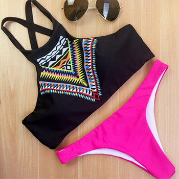 Women Bikini High Neck Push Up Bikini Set Geometry Black Swimwear