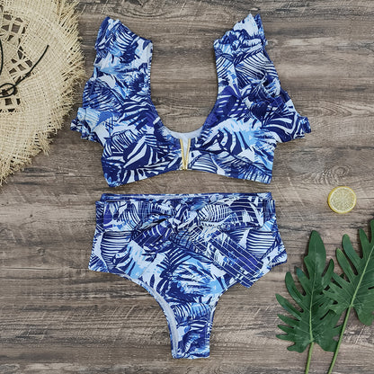 3 Piece Ruffled Bikinis Set Women Vintage Print Swimwear Bikini Swimsuit Sexy Summer Beach Skirt Bath Suit Dress