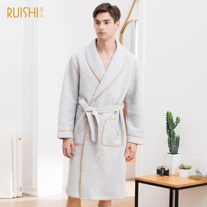 J&amp;Q mall robe warm air cotton sandwich couple pajamas long sleeve drop shipping men and women bathrobe pure cotton nightgown