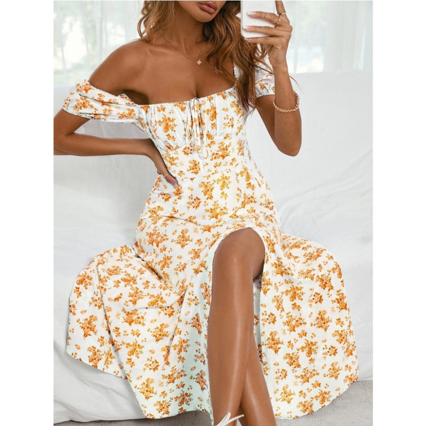 New Printed French Floral Open Back Slim Fit Slim Strap Split Dress for Women