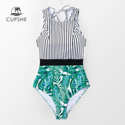 CUPSHE Black Striped And Green Leaf One-piece Swimsuit Women Sexy Cutout Monokini Bathing Suits 2021 New Girl Beach Swimwear