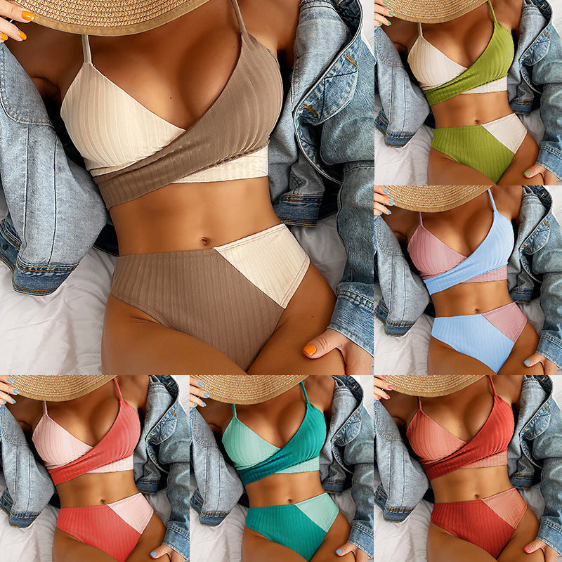 New Solid Color Matching Thick Pit Strip Cross Straps High Waist Bikini Sexy Swimsuit