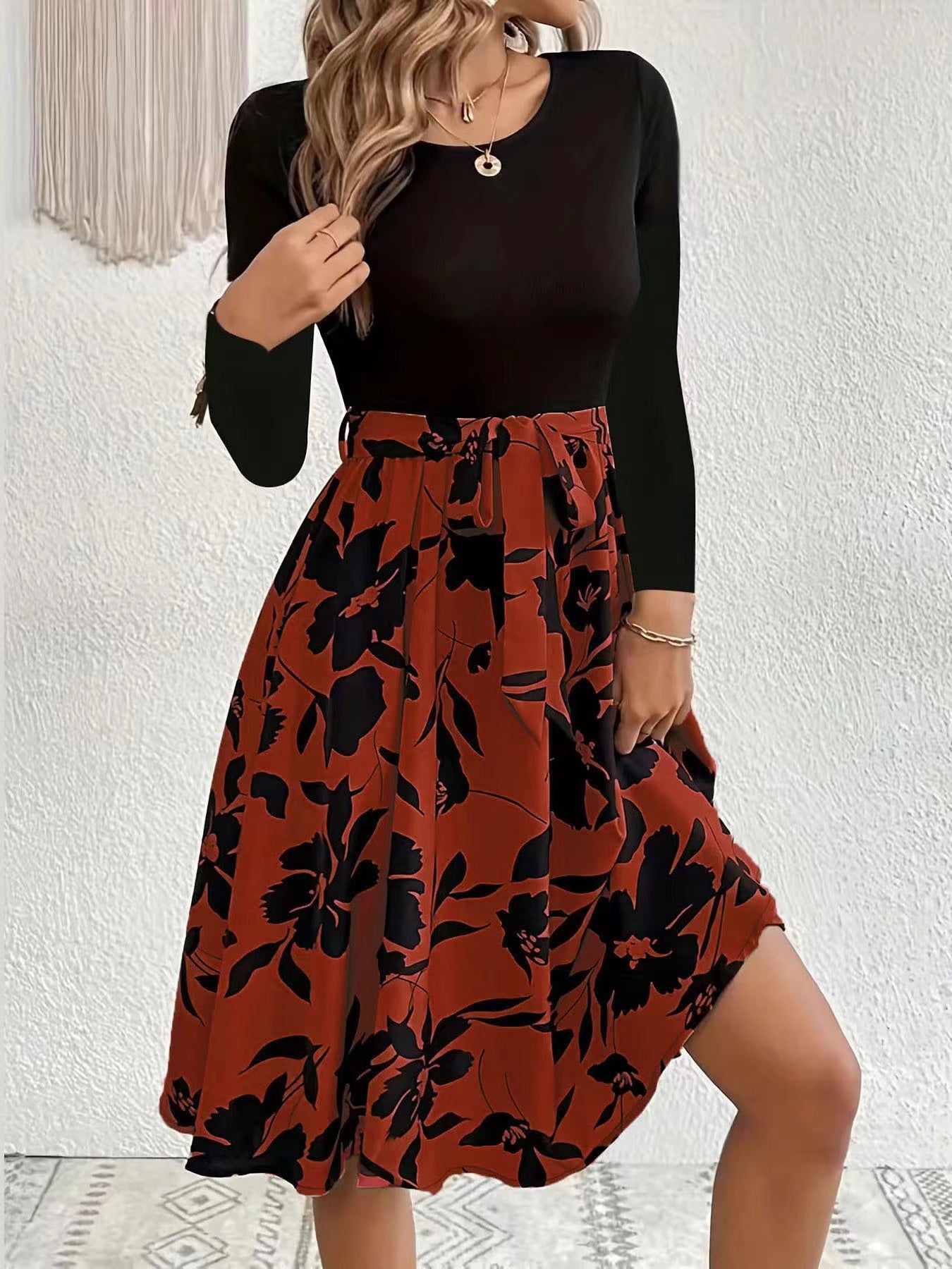 Floral Print Long Sleeve Dress Fashion Round Neck Tie Slim Dress Women&