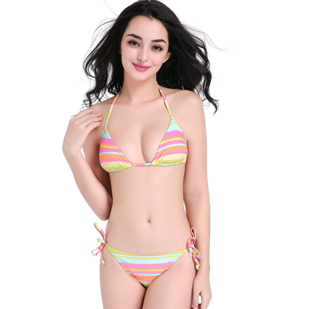 Rainbow striped tied nylon bikini swimsuit vacation hot spring BIKINI