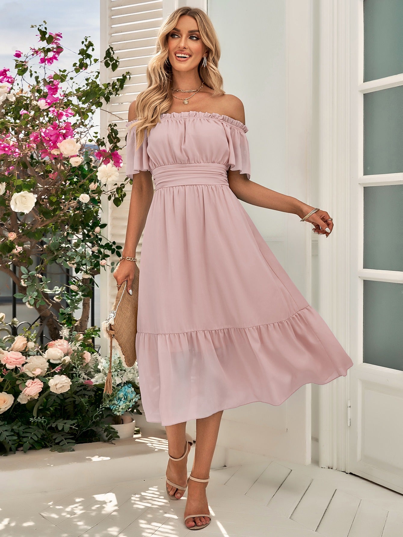 Off Shoulder Solid Color Waist Cut Fresh Skirt