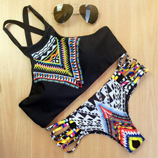 Women Bikini High Neck Push Up Bikini Set Geometry Black Swimwear