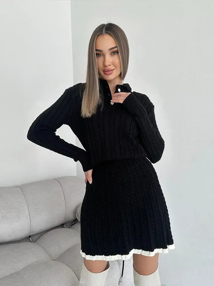 Long Sleeved Knitted Sweater Mini Skirt Two-piece Set Women Lapel Button Top Contrast Color Pleated Short Skirt Knit Suit