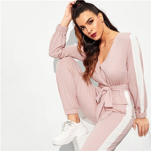 Pink One-shoulder Strapless Long-sleeved Jumpsuit Trousers