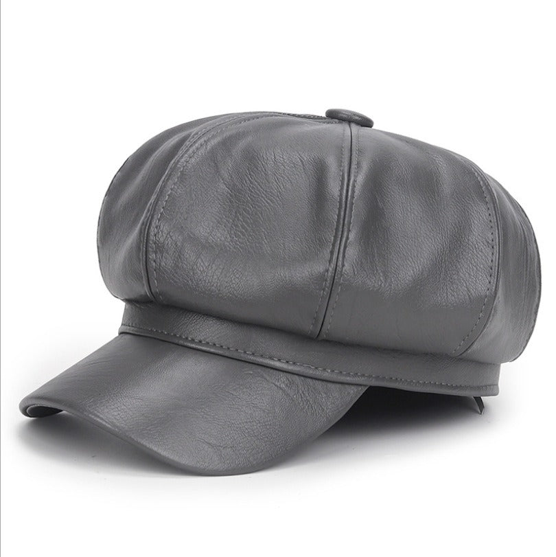 PU beret outdoor casual trend solid color octagonal hat