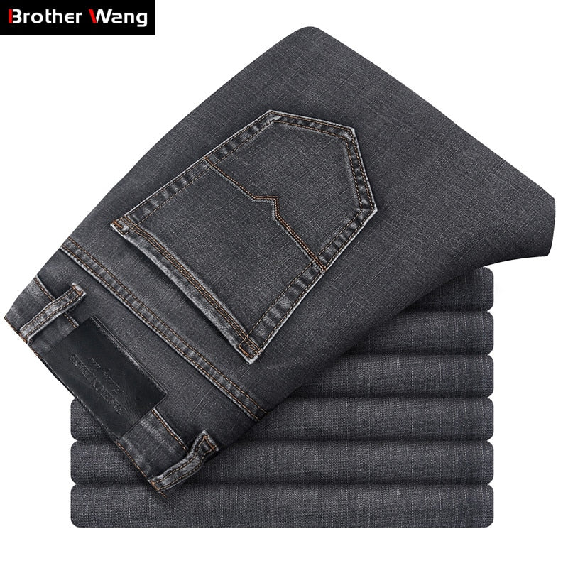 Brand Men Grey Casual Jeans  Business Stretch Straight Denim Trousers Pants Male Plus Size