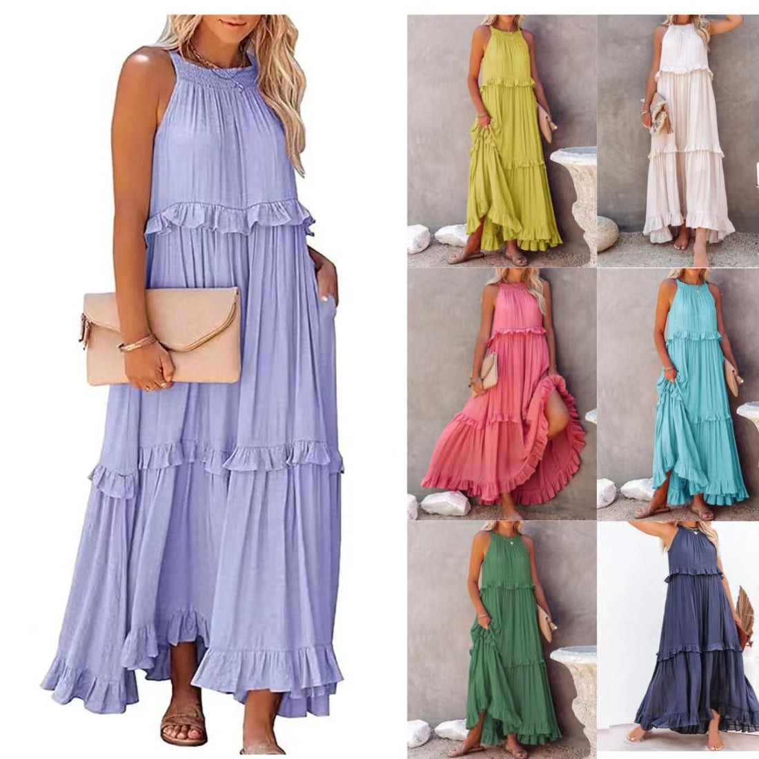 European and American Summer Vacation Style Lotus Leaf Edge Long Dress with Big Swing and Elegant Beach Skirt Women