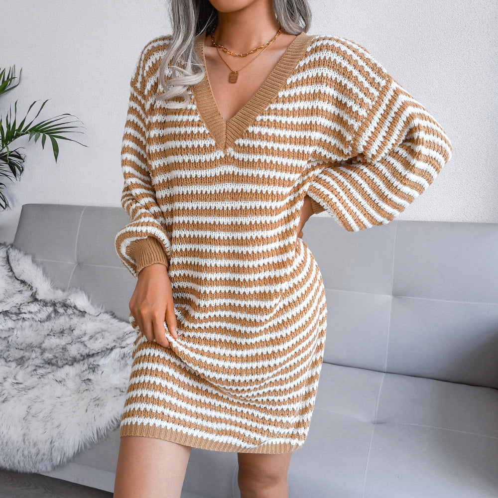 Ins Autumn And Winter New Striped Hollow Wool Dress Knitted Dress