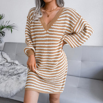 Ins Autumn And Winter New Striped Hollow Wool Dress Knitted Dress