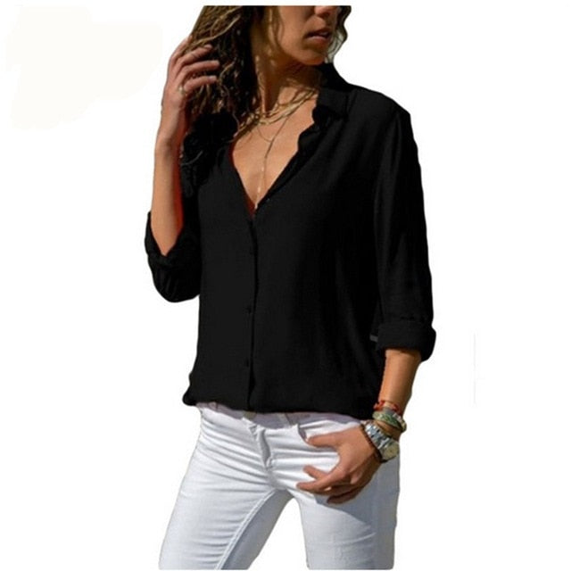 Long Sleeve Solid V-Neck Chiffon Blouse Female Work Wear Shirts Blouse Plus Size