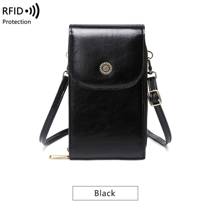 RFID Mobile Bag Female Oilskin Vertical Mobile Bag Mini One Shoulder Small Bag Fashion Crossbody Bag