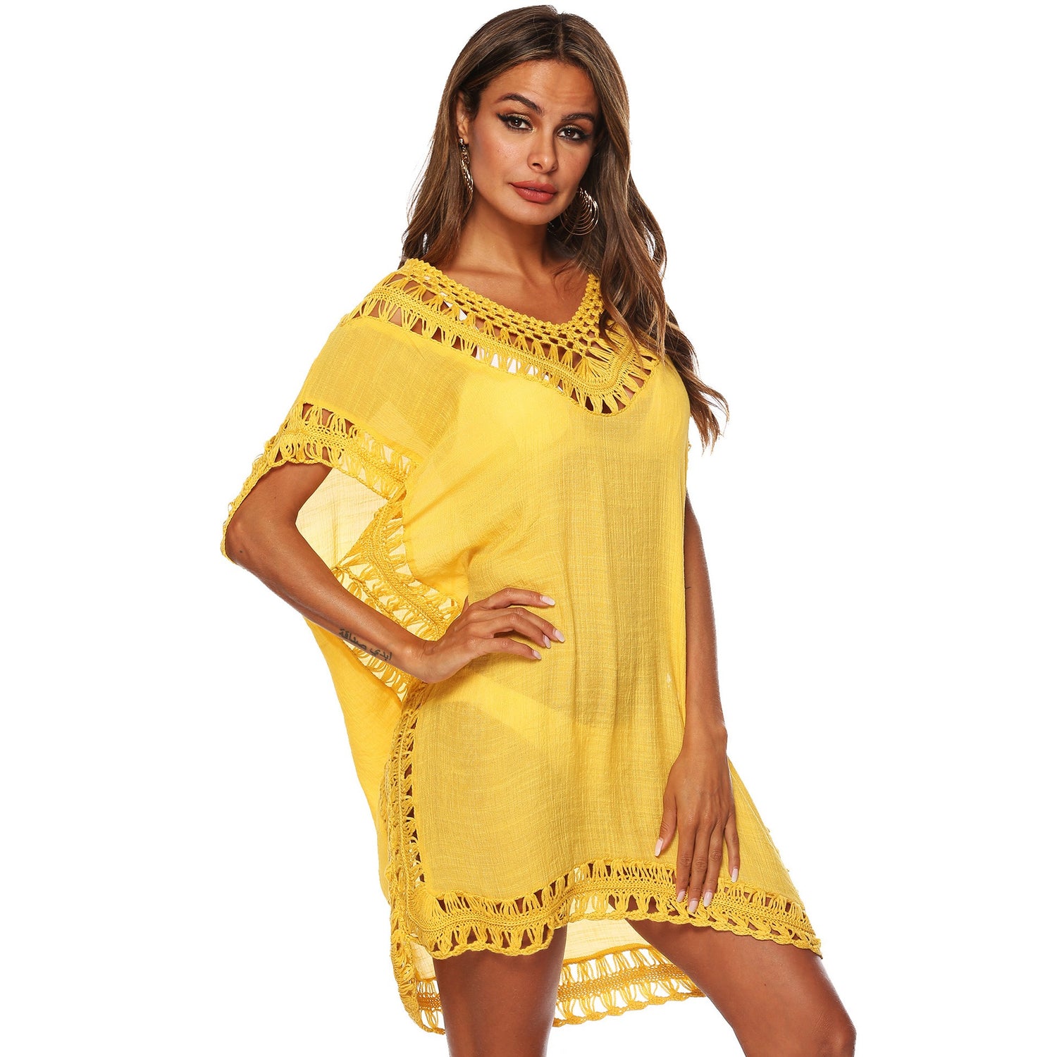 European and American V-Neckline Hook Splicing Hollowed Out Loose Beach Bikini Cover Up Dress