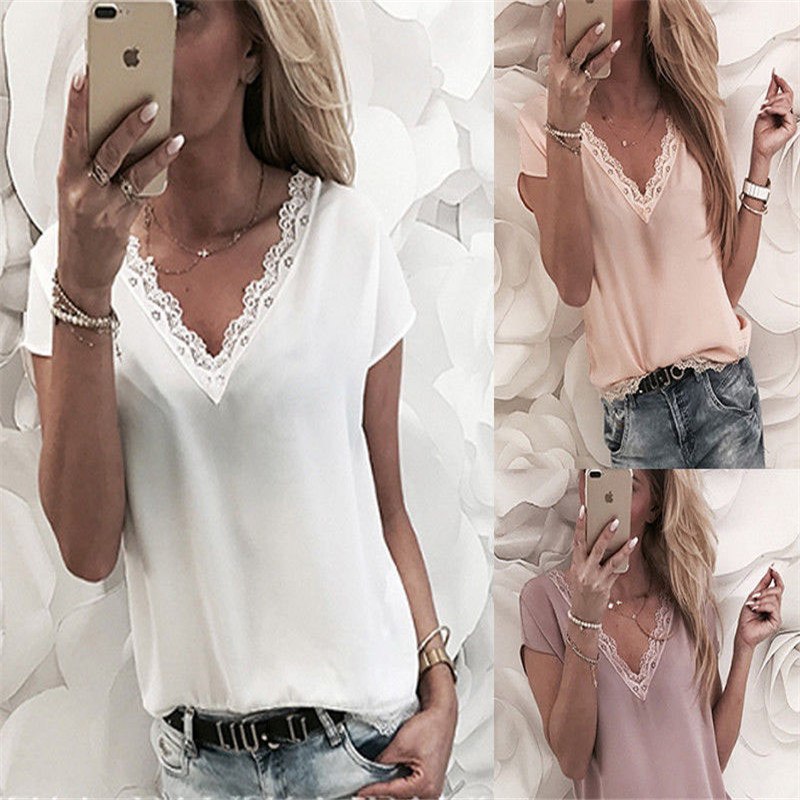 Women Blouse Tops Summer Top Casual Loose Short Sleeve Solid Lace V-neck Chiffon Blouses