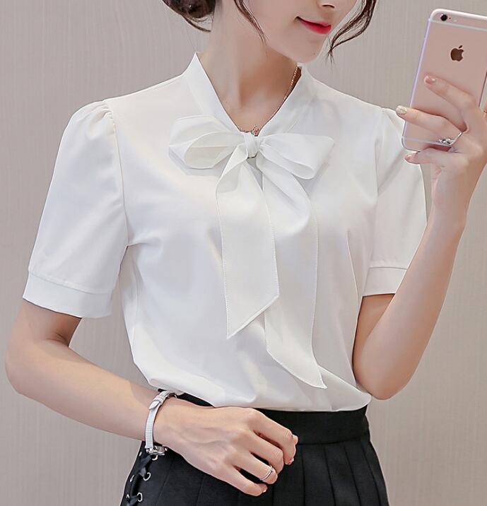 Summer Blouse Women Long Sleeve Shirts Fashion Leisure Chiffon Shirt Bow Office Ladies Pink White Tops