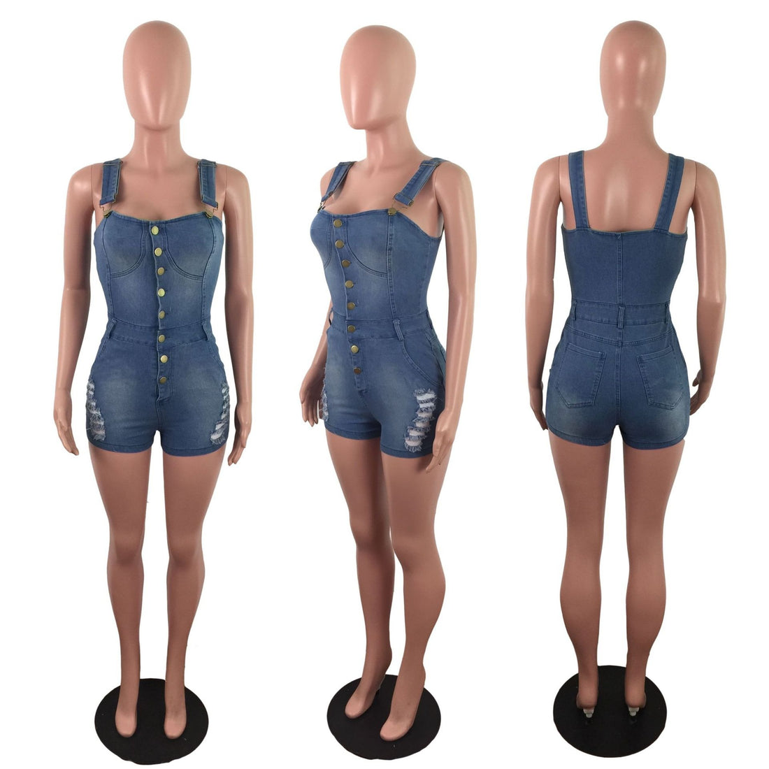 New European and American denim slim fit jumpsuit with white spray holes, jumpsuit denim shorts