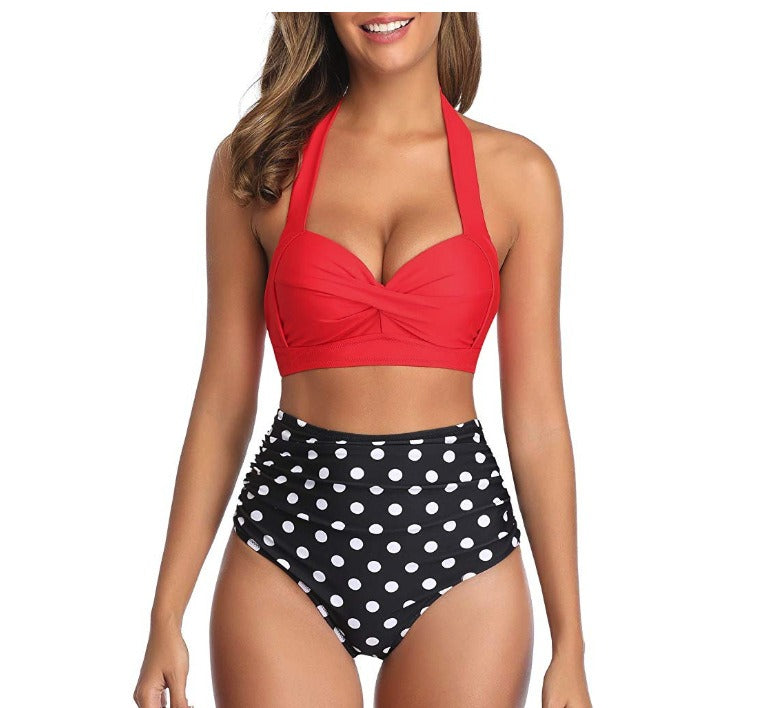 High Waisted Printed Neck Strap Swimsuit Women&