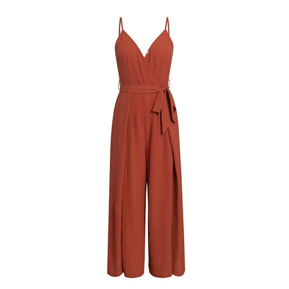 Sexy floral print jumpsuits women V neck split spaghetti strap long overalls  Summer beach loose female  jumpsuit