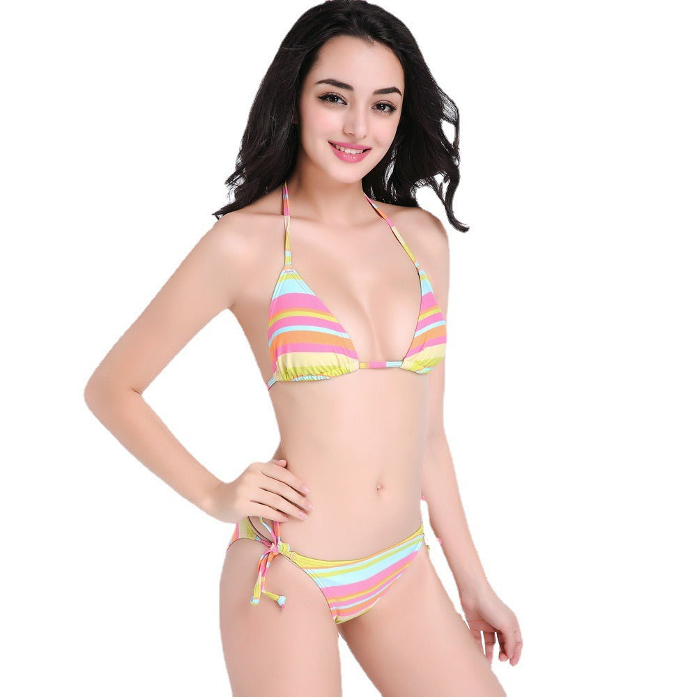 Rainbow striped tied nylon bikini swimsuit vacation hot spring BIKINI