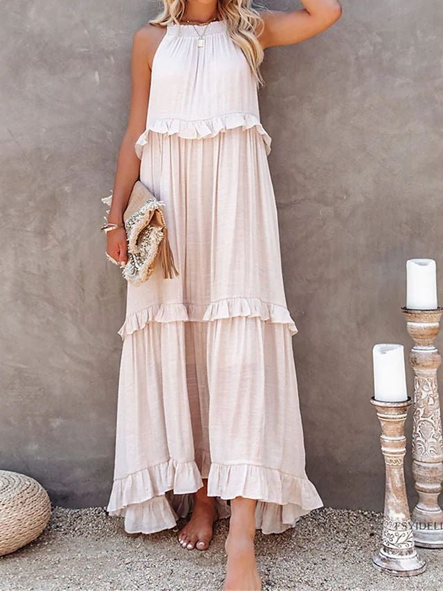 European and American Summer Vacation Style Lotus Leaf Edge Long Dress with Big Swing and Elegant Beach Skirt Women