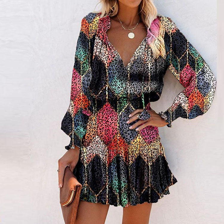 Long Sleeved V-Neck Fashionable Printed Waistband Dress for Women