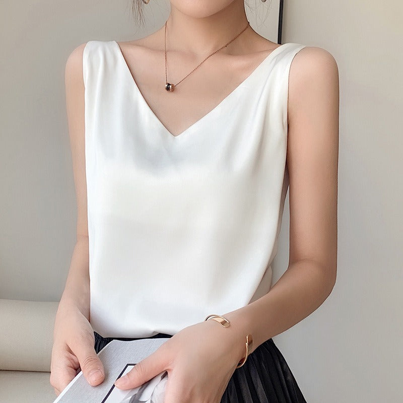 Suit white black silk satin V-neck double shoulder top