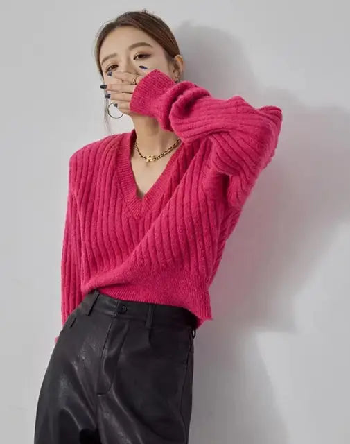 Rose Red V-neck Slim Fit Sweater Crop Tops Streetwear Solid Fashion Ladies Knitwear Autumn Long Sleeve Stylish Chic Jumpers