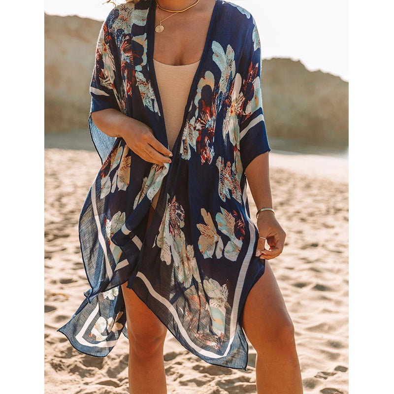 Summer Mid-length Slit Print Loose Beach Cover Sun Protection Shirt