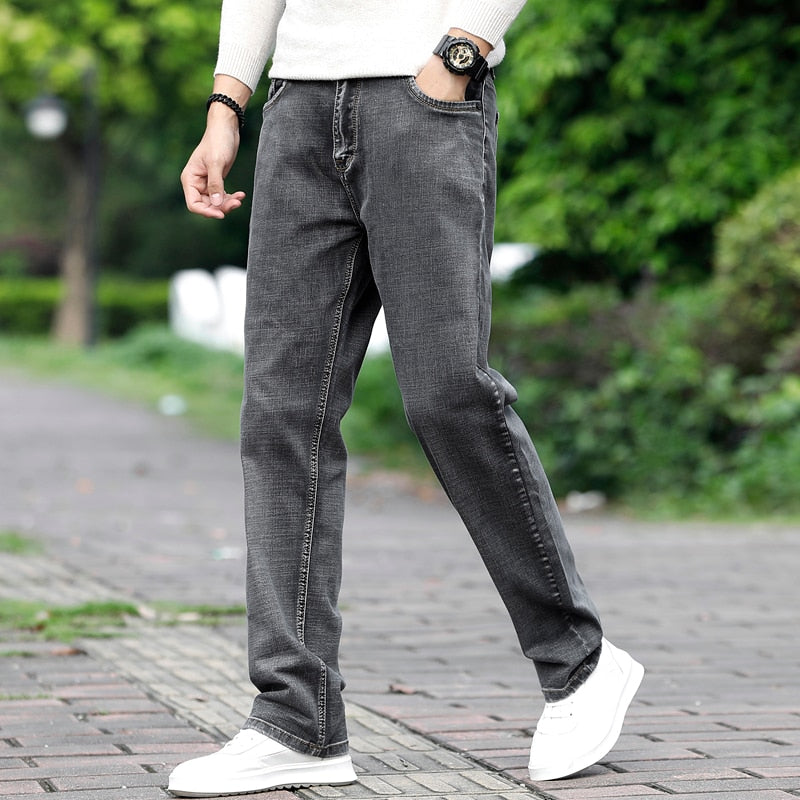 Brand Men Grey Casual Jeans  Business Stretch Straight Denim Trousers Pants Male Plus Size