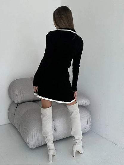 Long Sleeved Knitted Sweater Mini Skirt Two-piece Set Women Lapel Button Top Contrast Color Pleated Short Skirt Knit Suit