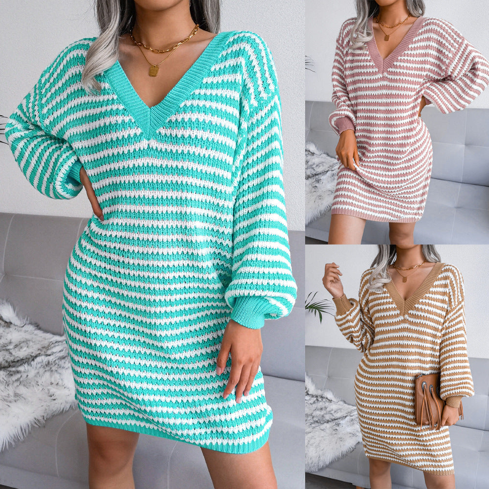 Ins Autumn And Winter New Striped Hollow Wool Dress Knitted Dress