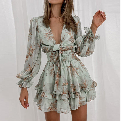 New Sexy Long Sleeve Ruffled V Neck Waist Dress for Women