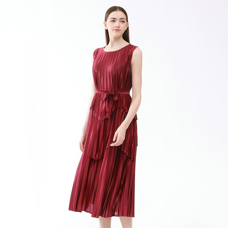 Satin splicing belt dress, feminine summer style, new wrought silk glossy sleeveless waist and knee-length dress