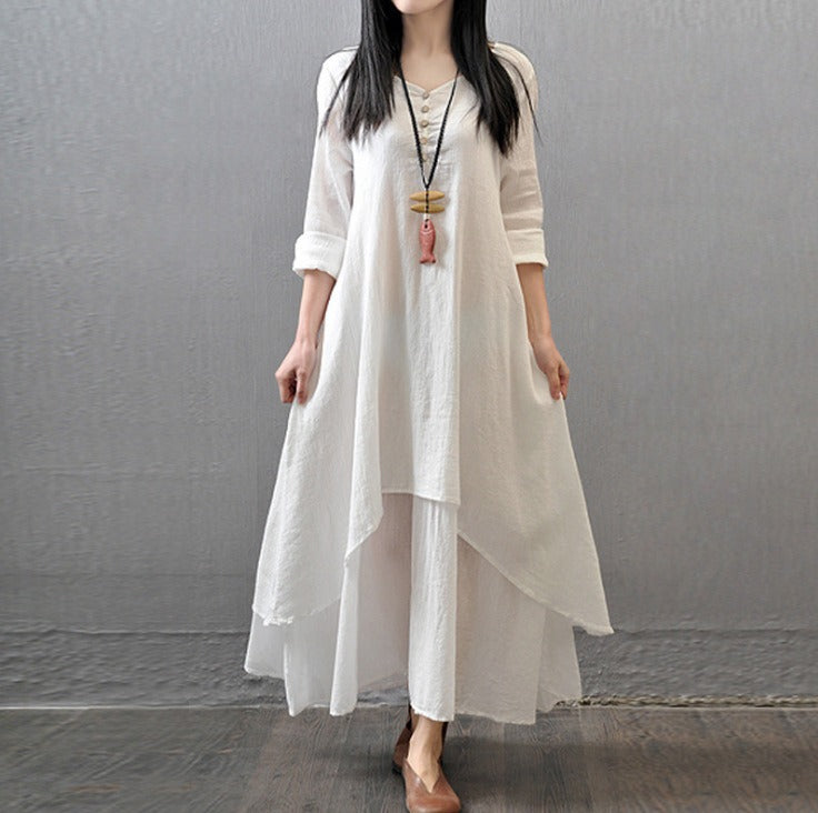 Fake two-piece long skirt large hem linen dress loose long sleeved cotton linen skirt