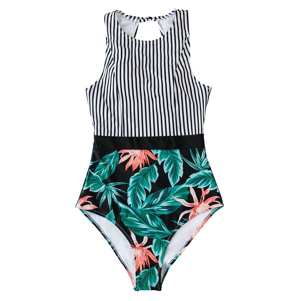 CUPSHE Black Striped And Green Leaf One-piece Swimsuit Women Sexy Cutout Monokini Bathing Suits 2021 New Girl Beach Swimwear