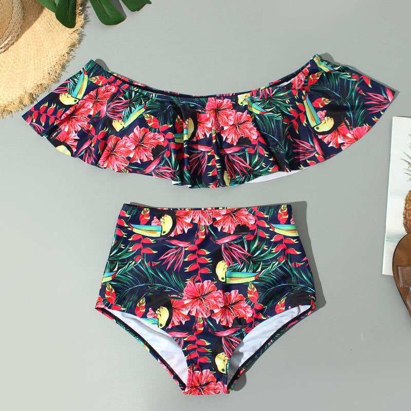 Floral Ruffled Hem Bikini Set Women Flora V-neck High-waisted Two Piece Swimsuit 2018 Girl Beach Bathing Suit Swimwear Biquinis