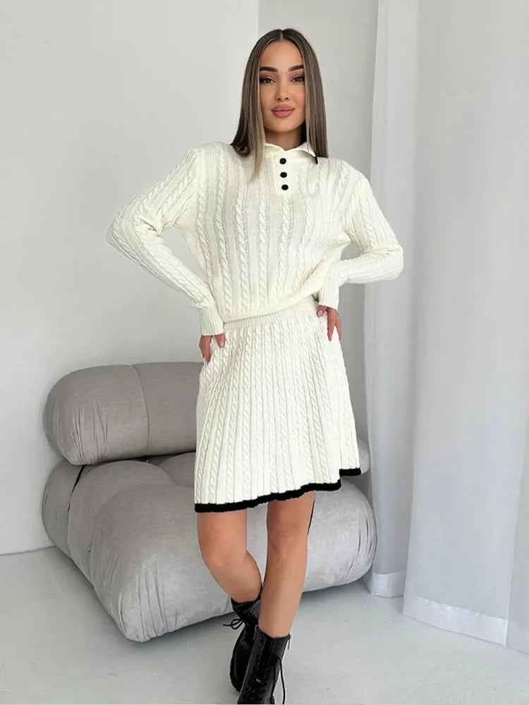 Long Sleeved Knitted Sweater Mini Skirt Two-piece Set Women Lapel Button Top Contrast Color Pleated Short Skirt Knit Suit